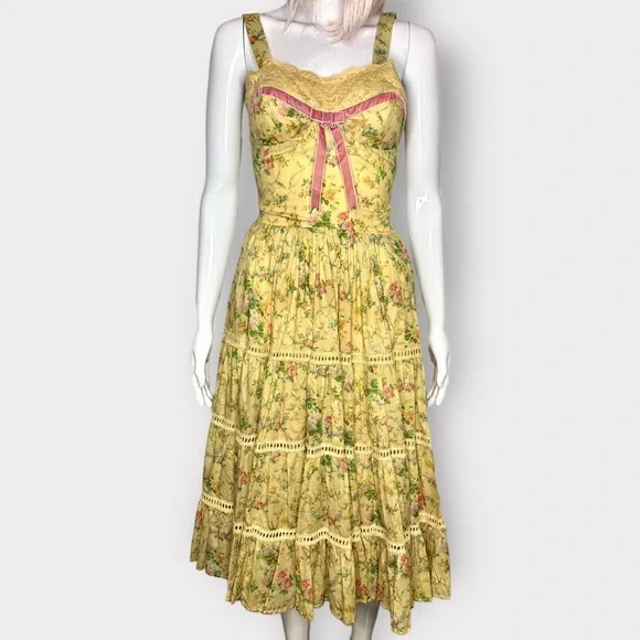 Kitten D’Amour Cottage Core, Fairy, Yellow Floral, Pink Lace Bow Dress - Picture 5 of 11